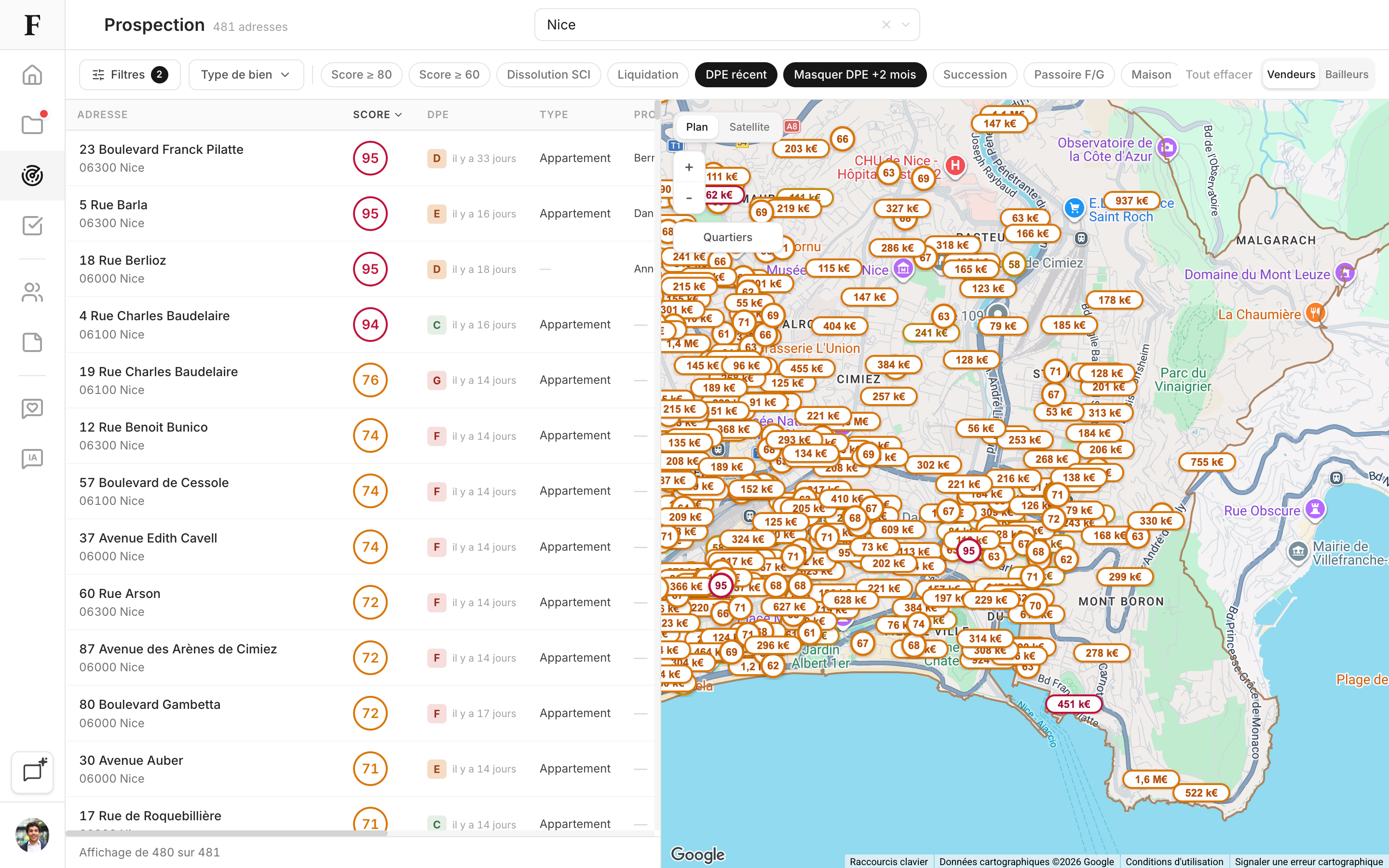 Liste et carte des opportunités de prospection